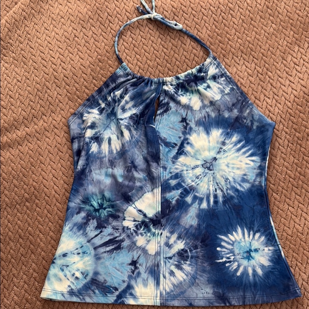 Mandee Blue and White Fitted Halter Tank Top